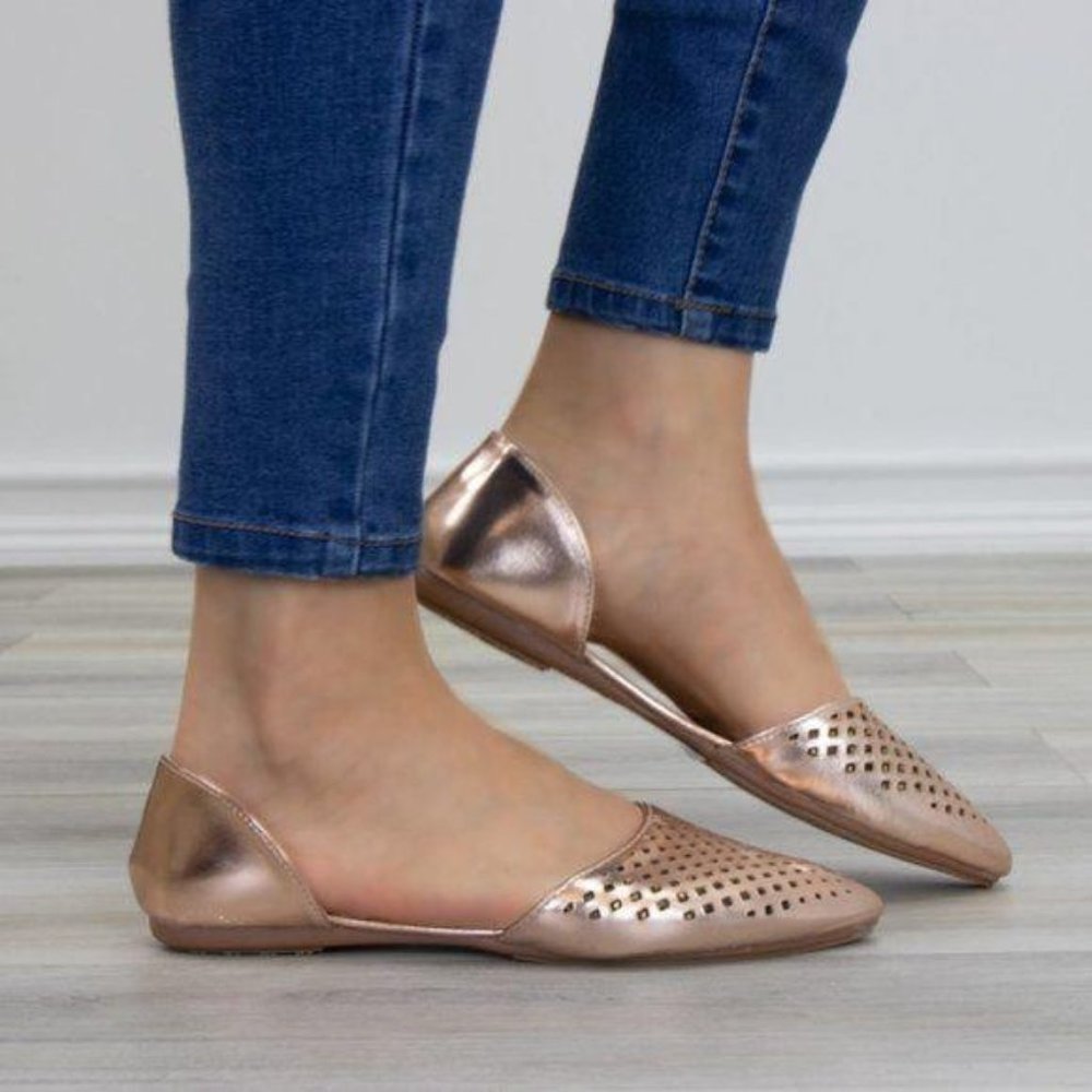 Pointed Toe Perforated Gold Rose Flats - Picture 5 of 7